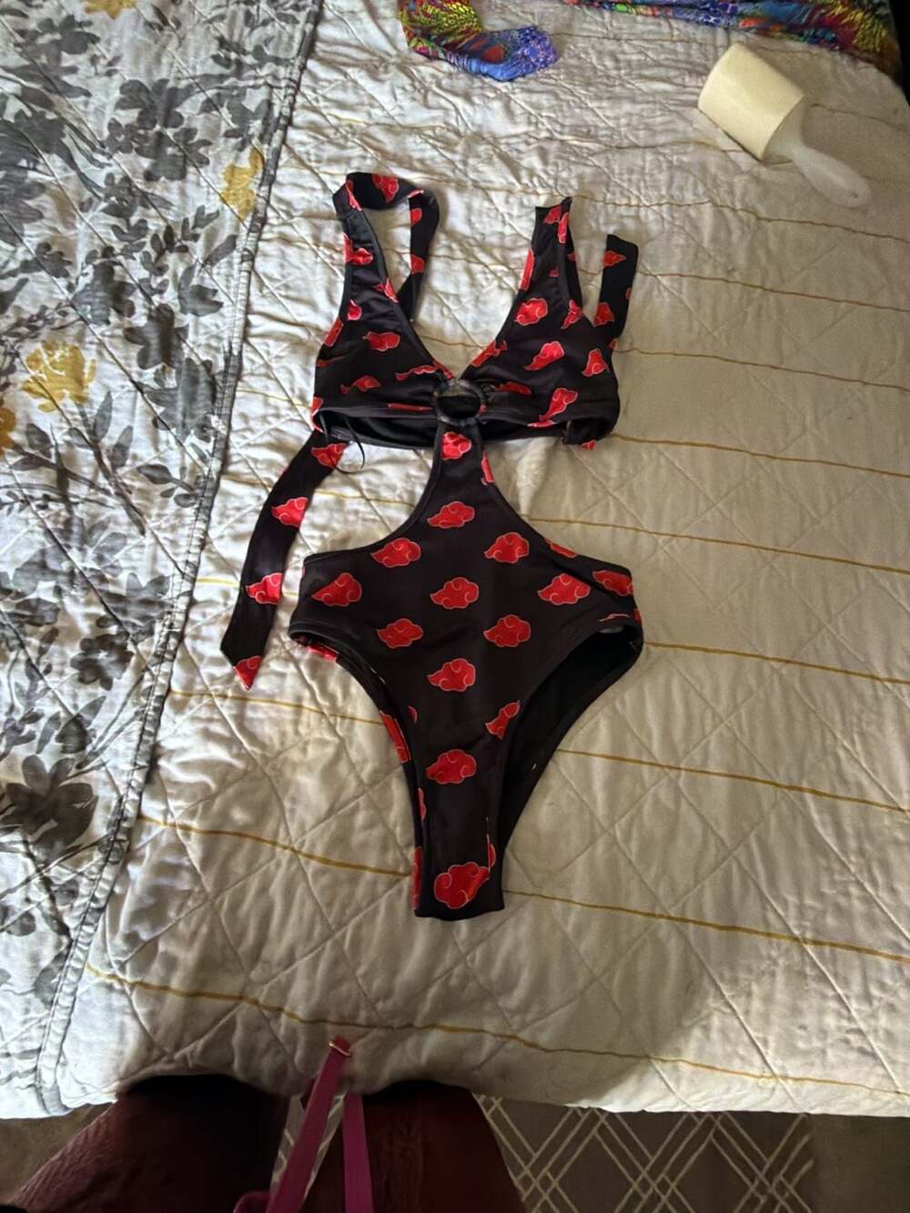 iHeartRaves Akatsuki Red Cloud Print Cutout One Piece Swimsuit